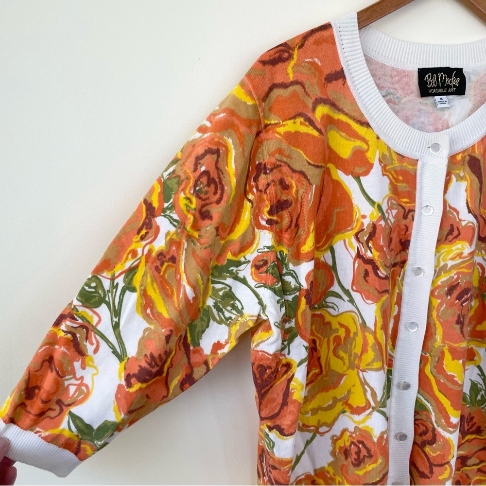 Bob Mackie Wearable Art Floral Orange Yellow Cardigan Sweater 1X Cotton Blend - Picture 2 of 6